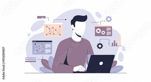 Young man working on laptop computer at desk, analyzing data and developing software.