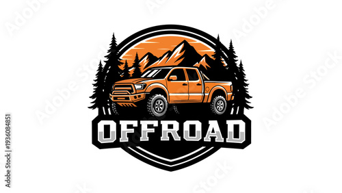 An adventurous orange off-road pickup truck is depicted driving through a mountainous forest landscape with pine trees and rugged terrain.