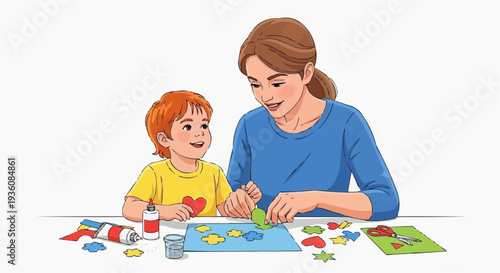 Vector illustration of a mother and child creating a Mother's Day craft together with colorful shapes and hearts