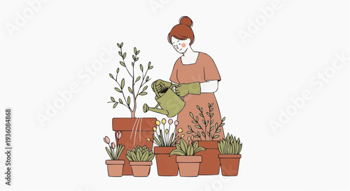 Vector Mother's Day illustration of a woman tending to potted plants, nurturing flowers in a serene gardening scene.