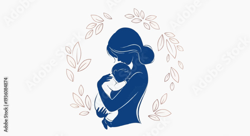 Vector illustration of a Mother's Day scene showing mother love with flowers and leaves surrounding a tender moment
