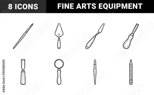Artistic creation and fine arts craftsmanship tools. Hand-drawn monoline sketch style featuring palette knives, brushes, chisels, and sculpting equipment.