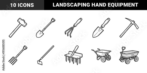 Manual gardening and landscaping equipment for backyard maintenance. Monoline outline illustrations featuring wheelbarrows, shovels, rakes, and soil preparation tools.