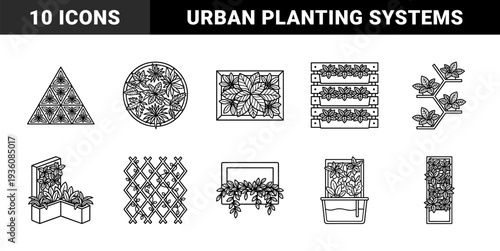 Vertical gardening and urban planting systems for sustainable living. Technical monoline line art featuring hydroponics, trellises, and wall-mounted planters.