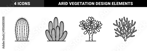 Desert flora and succulent botanical elements in bold monoline style. Minimalist black and white line art featuring saguaro cactus, barrel cactus, and jade plant.