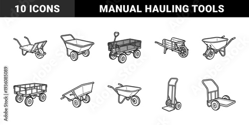 Heavy duty gardening and construction transport equipment featuring manual wheelbarrows, utility carts, and industrial hand trucks in a clean line art style.