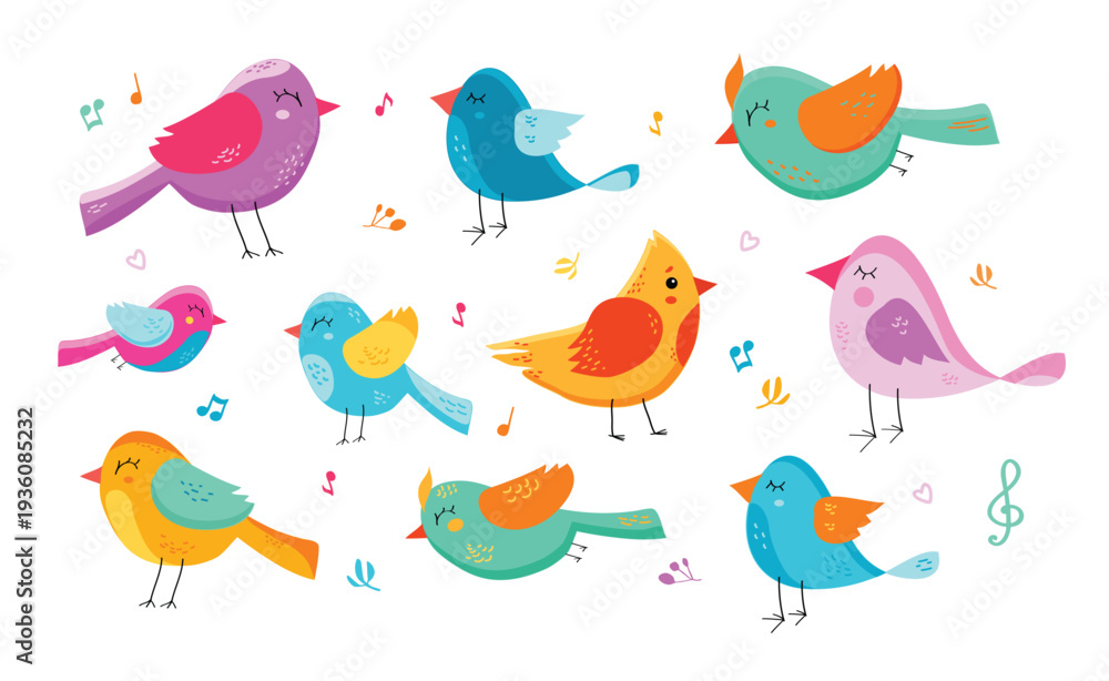 Naklejka premium Cute colorful abstract birds singing with music notes, playful hand drawn illustration set 
