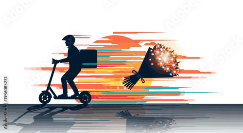 Dynamic illustration of a speedy electric scooter service transporting a fresh bouquet, highlighting quick, reliable gift delivery.