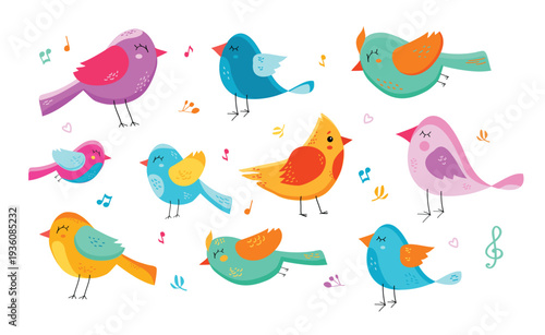 Cute colorful abstract birds singing with music notes, playful hand drawn illustration set 