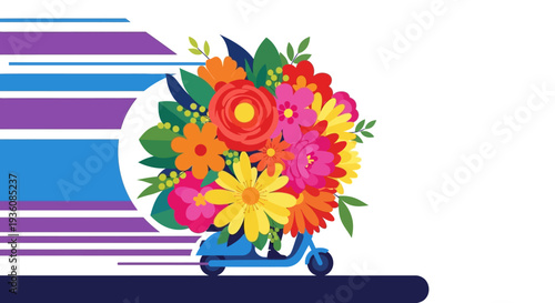 A vibrant bouquet of colorful flowers is swiftly delivered on a sleek blue scooter, depicted with dynamic speed lines in a modern vector illustration.