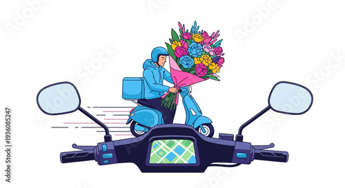 A dedicated courier on a blue scooter swiftly delivers a vibrant bouquet of fresh flowers, guided by a digital navigation map for efficient urban service.