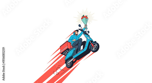 A cheerful delivery rider on a vibrant blue scooter speeds along, holding a beautiful bouquet of flowers, symbolizing swift and thoughtful special occasion delivery.