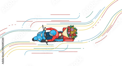 A speedy delivery rider on a blue scooter transports a vibrant bouquet of fresh flowers, illustrating efficient gift service with dynamic lines.