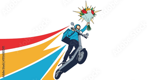 A dynamic illustration of a swift delivery person on a scooter, joyfully transporting a beautiful bouquet of flowers with colorful speed trails.