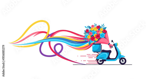 A vibrant blue delivery scooter rapidly transports a beautiful, multi-colored floral bouquet, leaving a dynamic trail of colorful ribbons, representing swift, joyful express service.