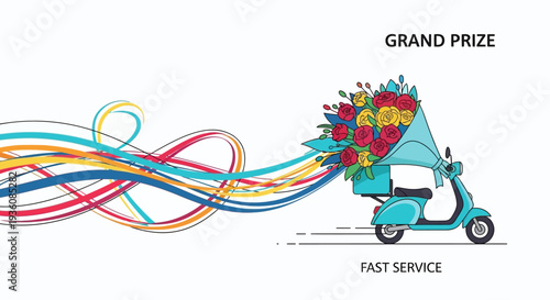 A vibrant blue scooter speeds across a clean white background, delivering a magnificent bouquet of colorful flowers, symbolizing fast service and a grand prize.