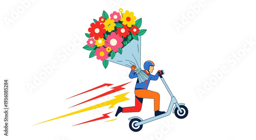 A vibrant illustration showcases a person on an electric scooter swiftly delivering a large, colorful bouquet, symbolizing modern express gift services and urban speed.