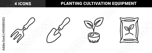 Gardening and horticulture maintenance equipment featuring trowel, hand fork, seedling, and organic fertilizer. Monoline minimalist bold line art for landscaping and planting.