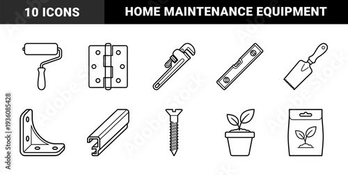 Home improvement and construction hardware essentials for DIY maintenance. Bold monoline outline illustrations featuring plumbing, gardening, and carpentry tools.
