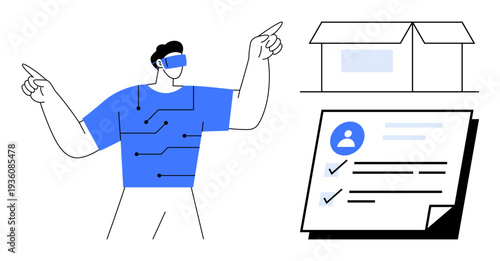 Individual wearing AR glasses multitasking with digital interfaces, including a package and completed checklist. Ideal for innovation, AI, logistics, technology, organization, productivity, simple