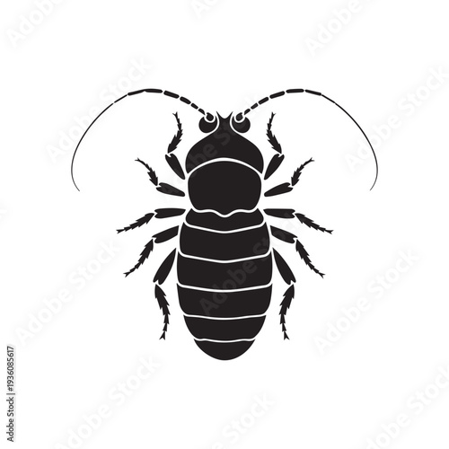 Black Silhouette Illustration of a Woodlouse Isopod Insect Isolated on White Background.
