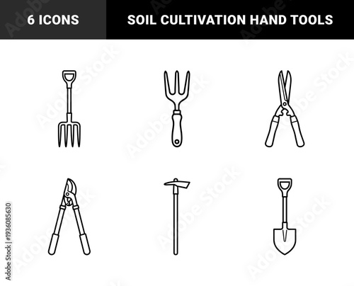Gardening and landscaping maintenance equipment in a bold monoline aesthetic. Professional horticultural hand tools for soil cultivation and plant pruning.