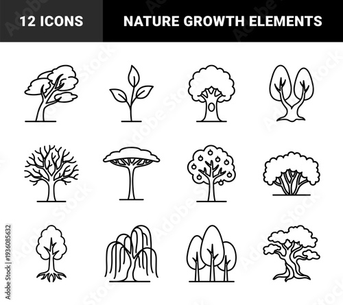 Diverse arboreal silhouettes and botanical growth elements for environmental branding. Minimalist monoline woodland sketches and forest vegetation symbols.