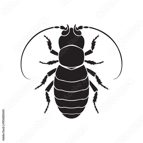 Black Silhouette Illustration of a Woodlouse Isopod Insect Isolated on White Background.