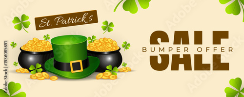 Saint Patricks Day Sale Banner with Leprechaun Hat Pot of Gold and Shamrock for Marketing Promotion