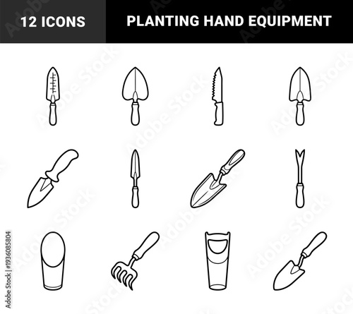 Gardening hand tools and planting equipment featuring chunky monoline outlines for horticultural design, landscaping, and backyard cultivation projects.