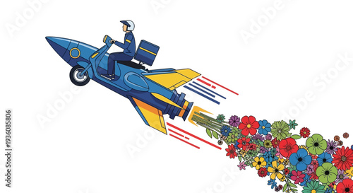 A delivery person on a rocket-scooter flies upwards, leaving a vibrant trail of colorful flowers, symbolizing rapid, sustainable growth, innovation, and eco-friendly service.