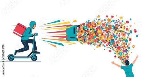 A swift electric scooter delivery rider brings a vibrant explosion of colorful flowers, symbolizing happiness and positive emotions to an eagerly awaiting recipient.