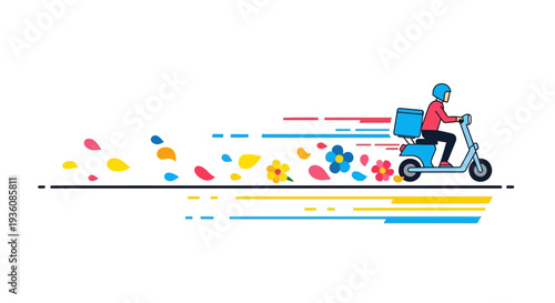 A swift delivery rider on a scooter leaves a vibrant, colorful trail of abstract shapes and flowers, symbolizing efficient, modern, and rapid service.
