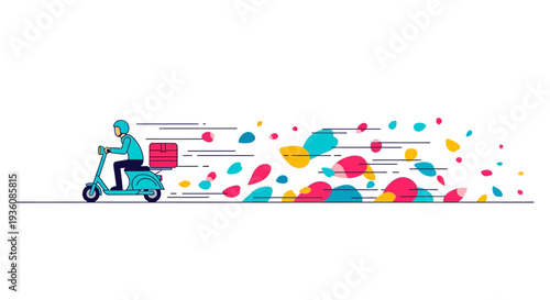 A dynamic illustration depicts a speedy delivery person on a scooter, package in tow, leaving a vibrant, colorful trail of abstract shapes, symbolizing efficient service.