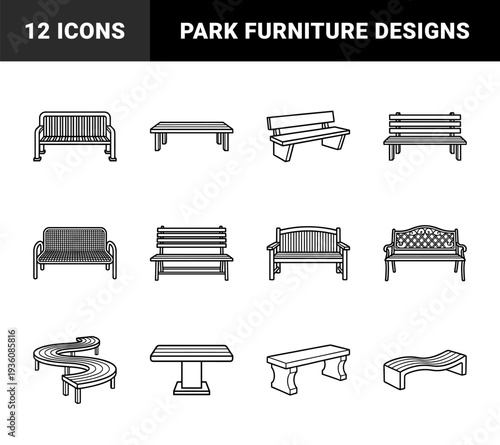 Outdoor park benches and urban furniture line art for landscape architecture. Minimalist monoline garden seating silhouettes with diverse geometric styles.