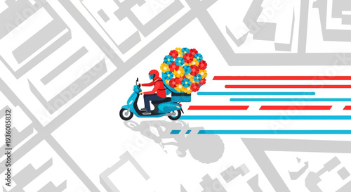A vibrant scooter rider swiftly navigates an urban map, delivering a large, colorful bouquet of balloons for a special celebration or festive event.