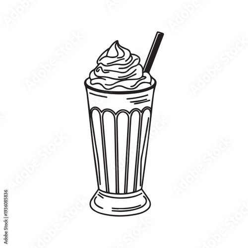 Delicious Milkshake Illustration with Whipped Cream Topping and a Striped Drinking Straw.