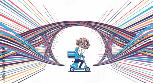 A modern delivery rider on a scooter transports a complex package through an abstract, colorful data stream, representing efficient digital logistics.