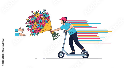 Modern flower delivery service showcased with a person on an electric scooter rapidly transporting a large, colorful bouquet to receiving hands.
