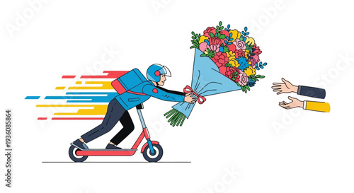 A speedy delivery person on an electric scooter quickly hands over a vibrant bouquet of fresh flowers to eagerly waiting hands, symbolizing efficient service.
