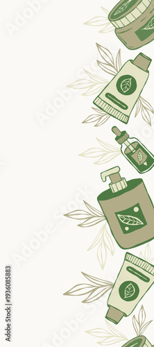 Clean Beauty Seamless Border. Organic Cosmetics, Skincare, Glass Bottle. Sustainable Spa Doodles Background. Vertical Template with Empty Copy Space. Ornament banner. Vector illustration