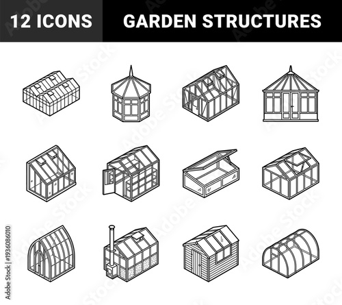 Greenhouse and conservatory architectural structures in technical monoline style. Isometric glasshouse variations for gardening and botanical cultivation.