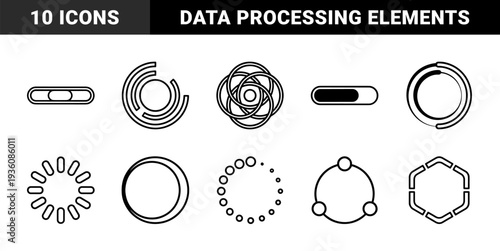 Loading progress bars and data processing indicators in technical monoline aesthetic. Minimalist interface elements for software development and system status dashboards.