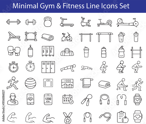 49 Minimal Thin Line Gym and Fitness Lifestyle Icons – Workout Equipment and Exercise Vector Collection