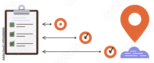 Task management, goal setting, productivity, project organization, planning, logistics. A checklist with tick marks, arrows pointing to targets and a location pin. Task management and goal setting