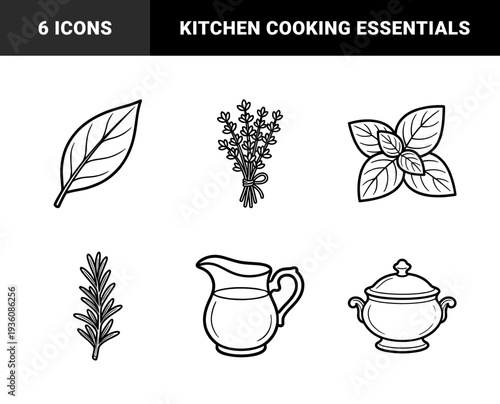 Culinary herbs and kitchen essentials in hand-drawn monoline style. Minimalist organic botanical sketches of basil rosemary lavender and gravy boat for recipe branding.