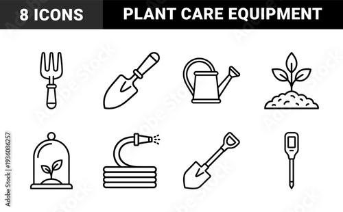 Gardening tools and plant cultivation equipment. Technical monoline linear pictograms for urban farming, horticulture, and soil maintenance.