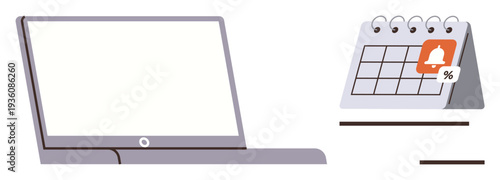 Productivity, task management, scheduling, technology, remote work, reminders. Blank laptop screen beside a calendar with a notification bell icon. Productivity and task management concept