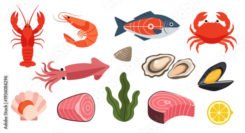 Seafood assortment lobster shrimp fish crab