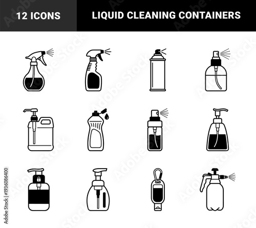 Liquid dispensing and sanitization equipment for industrial and domestic cleaning. Chunky geometric monoline silhouettes for hygiene and chemical safety.